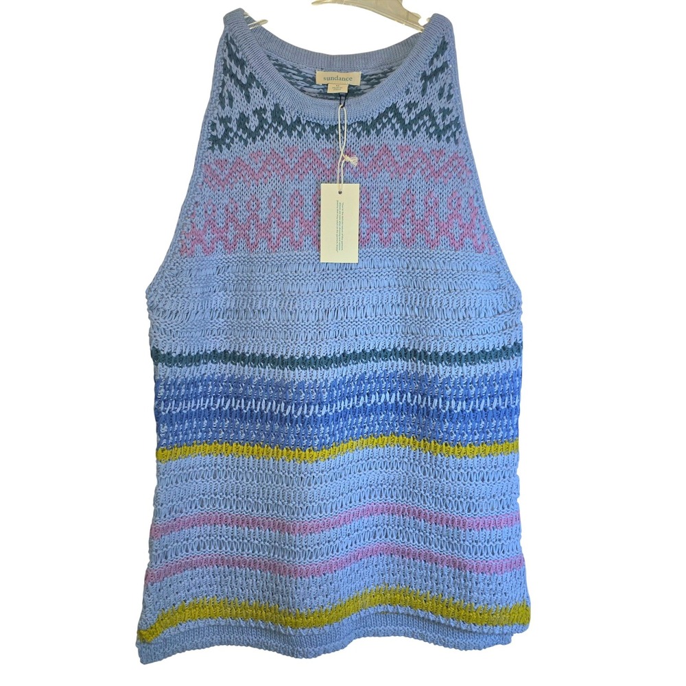 Sundance Novera Sweater Tank Periwinkle Blue Knit Sz Medium Fair Isle Cotton - Picture 2 of 12